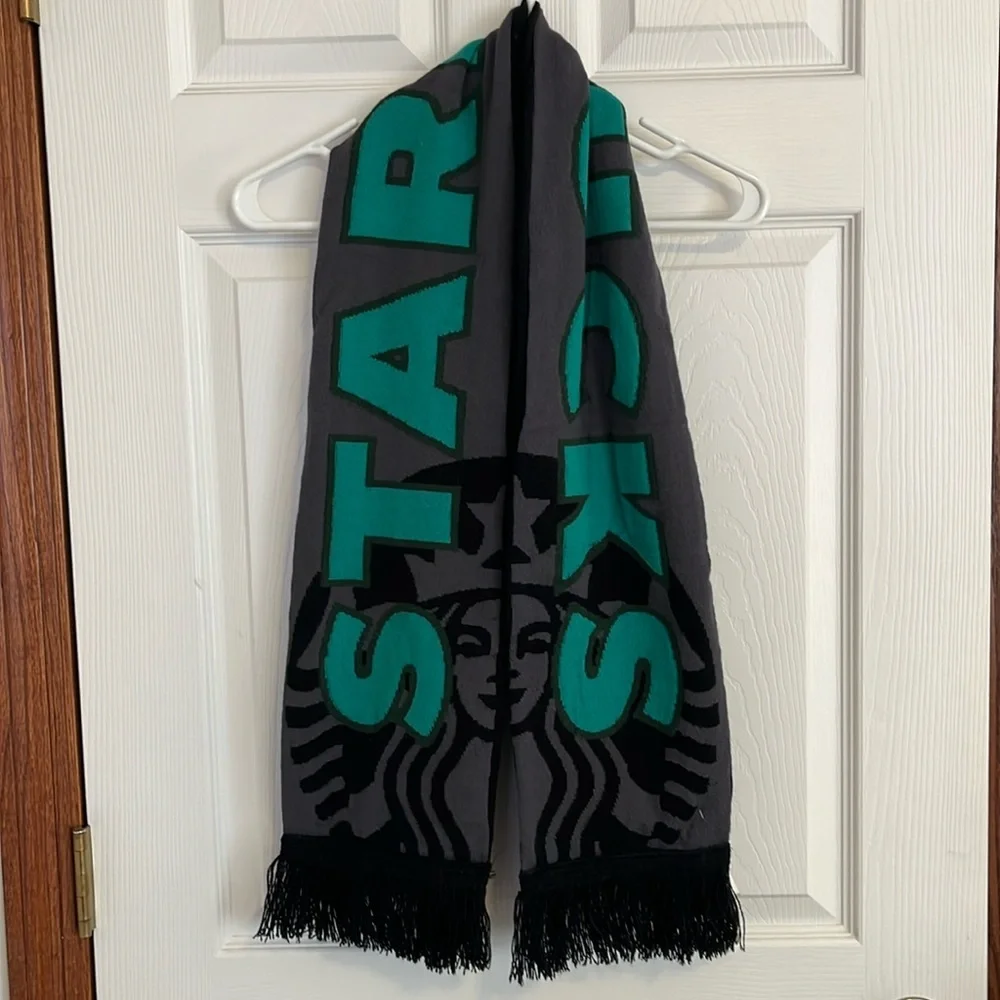 NWT Starbucks Gray, Green & Black Reversible Knit Fringed Scarf Mermaid Unisex